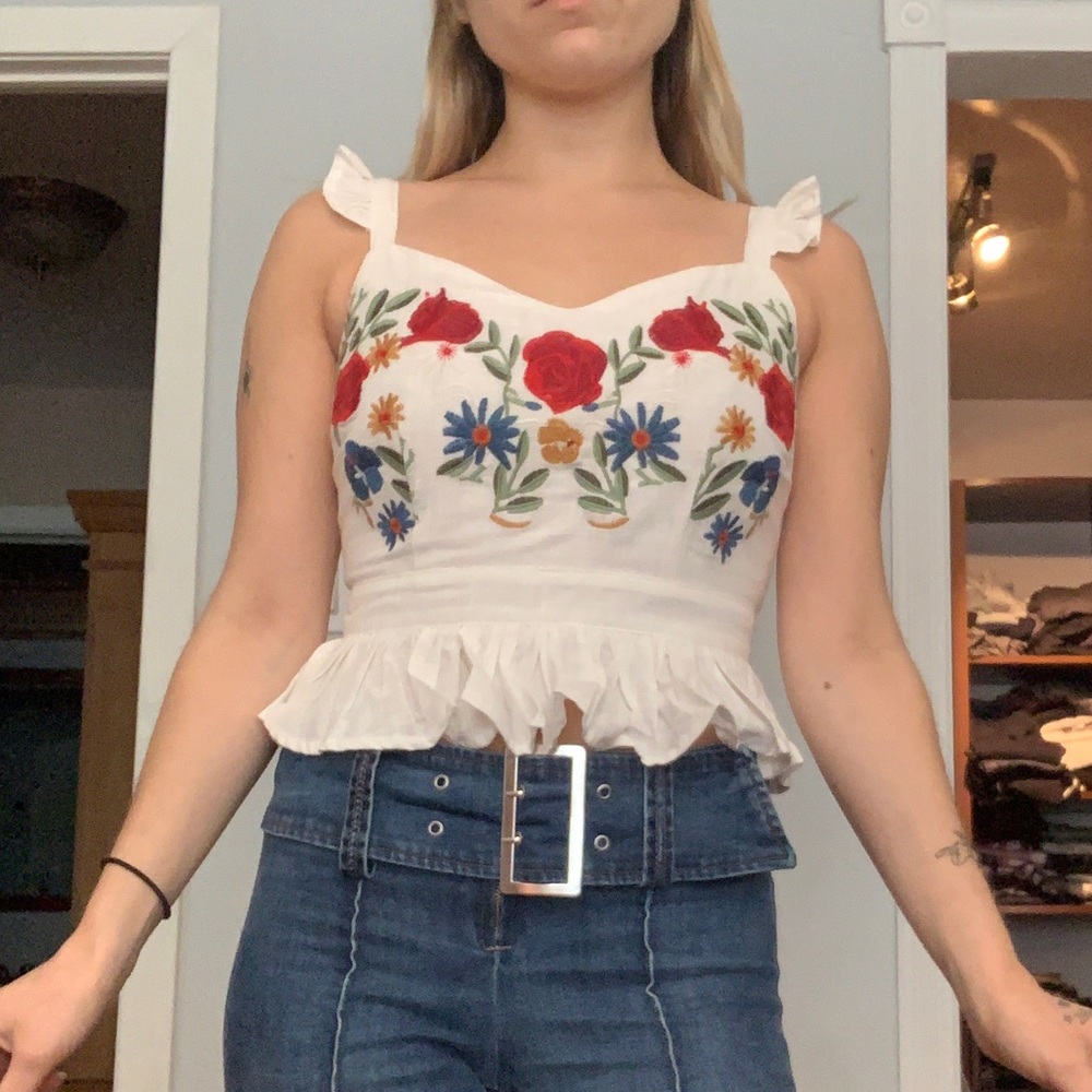 Floral White Flared Tank Top